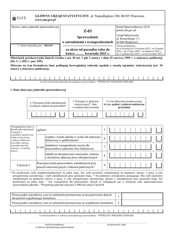 GUS Z-03 (2022) (archiwalny) Sprawozdanie o zatrudnieniu i wynagrodzeniach