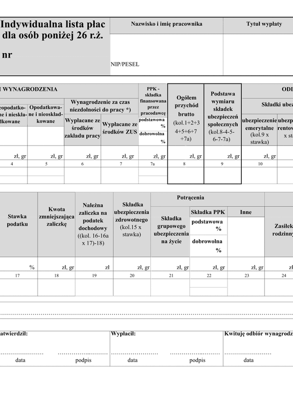 ILP (archiwalny) (2022) Indywidualna lista płac (umowa o pracę) dla osób poniżej 26 roku życia