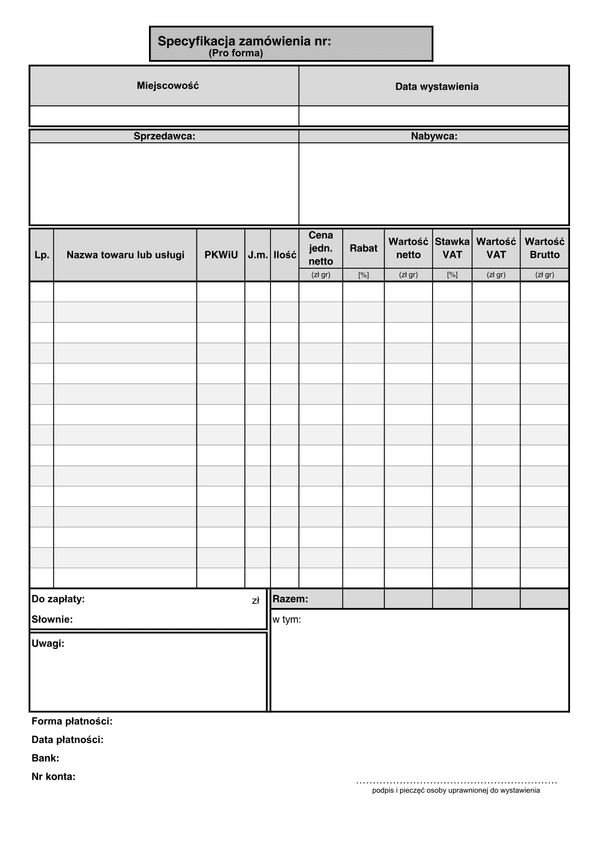 SZ (archiwalny) Specyfikacja zamówienia (Pro forma) - 15 pozycji