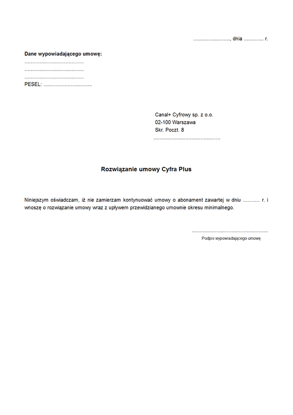 RUCP Rozwiązanie umowy Cyfra Plus
