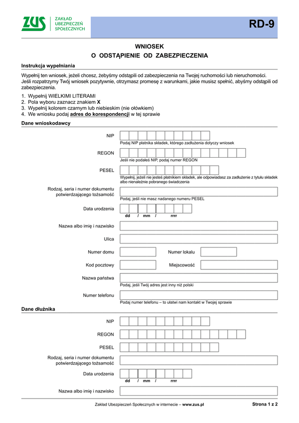 ZUS RD-9 Wniosek o odstąpienie od zabezpieczenia