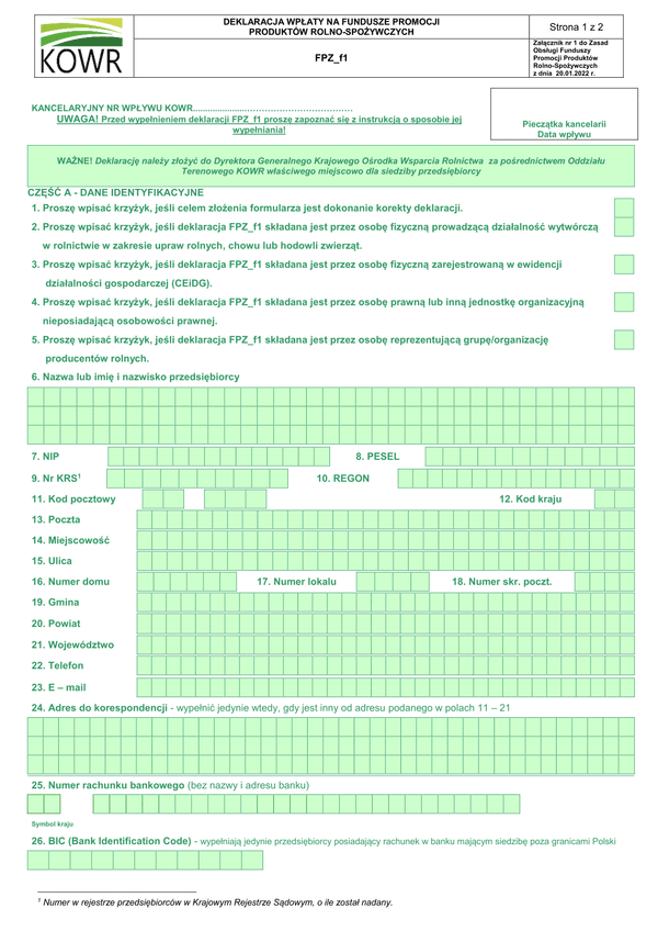 ARR FPZ_f1  Deklaracja wpłaty na fundusze promocji produktów rolno-spożywczych