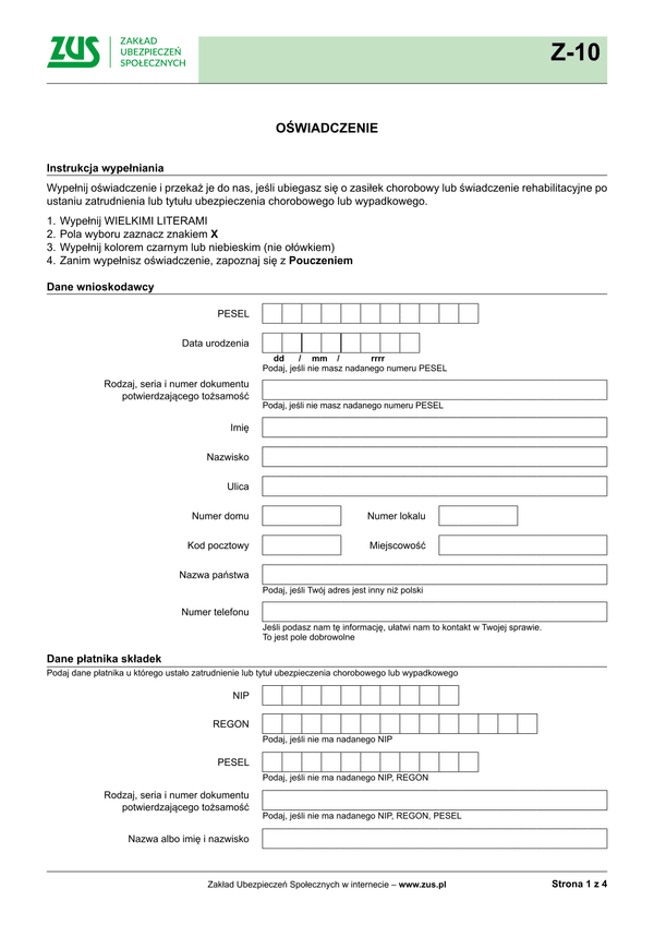 ZUS Z-10 (archiwalny) Oświadczenie - wersja papierowa