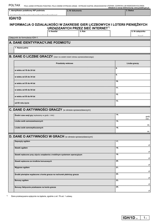 IGH/1D (2) Informacja o działalności w zakresie gier liczbowych i loterii pieniężnych urządzanych przez internet