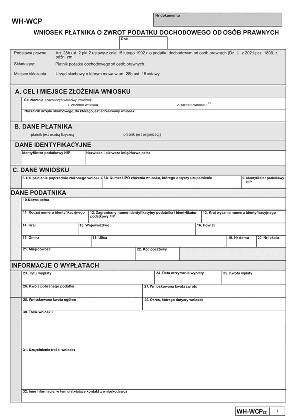 WH-WCP (2) (archiwalny) Wniosek płatnika o zwrot podatku dochodowego do osób prawnych
