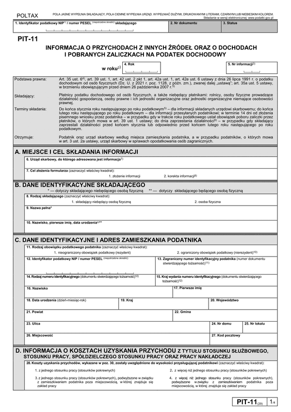 PIT-11 (29) (archiwalny) (2023) Informacja o dochodach, pobranych zaliczkach na podatek dochodowy, wypłaconym stypendium oraz przychodach z innych źródeł  (PIT-11 / PIT-11Z) 