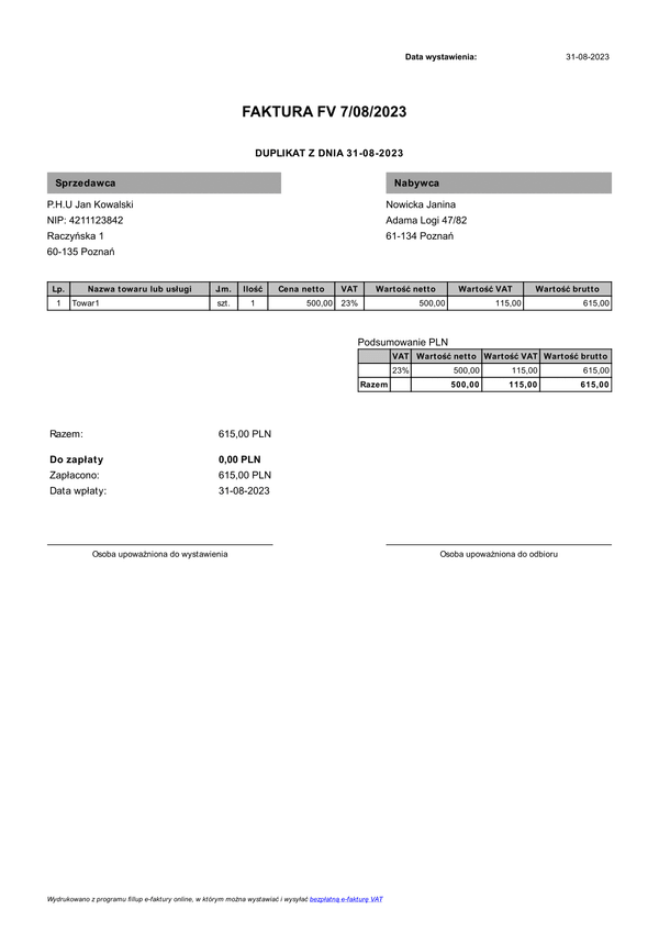 FV Faktura VAT darmowa (zgodna z KSeF)