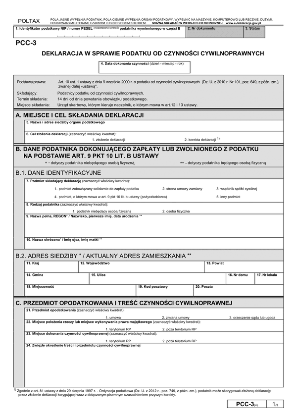 PCC-3 (4) (archiwalny) (od IX 2014) Deklaracja w sprawie podatku od czynności cywilnoprawnych 