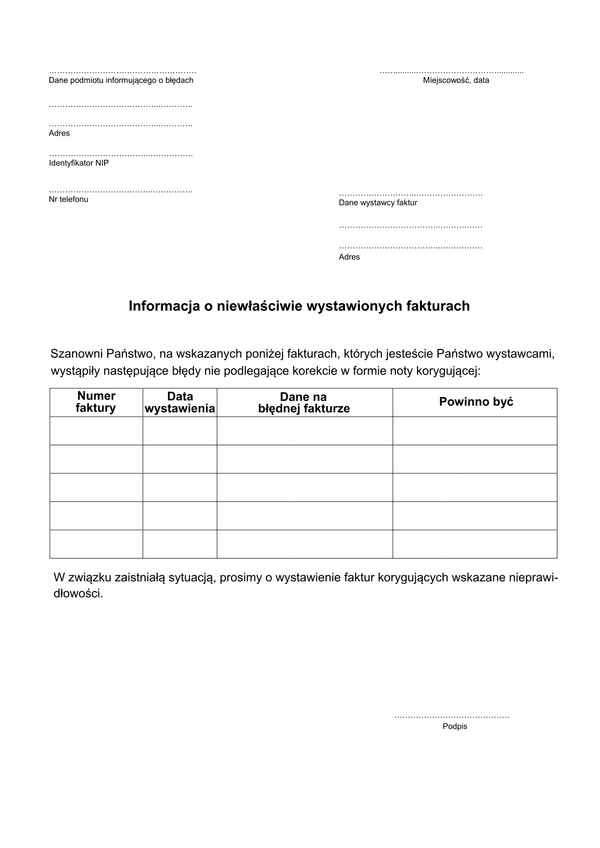 IoNWF Informacja o niewłaściwym wystawianiu faktur