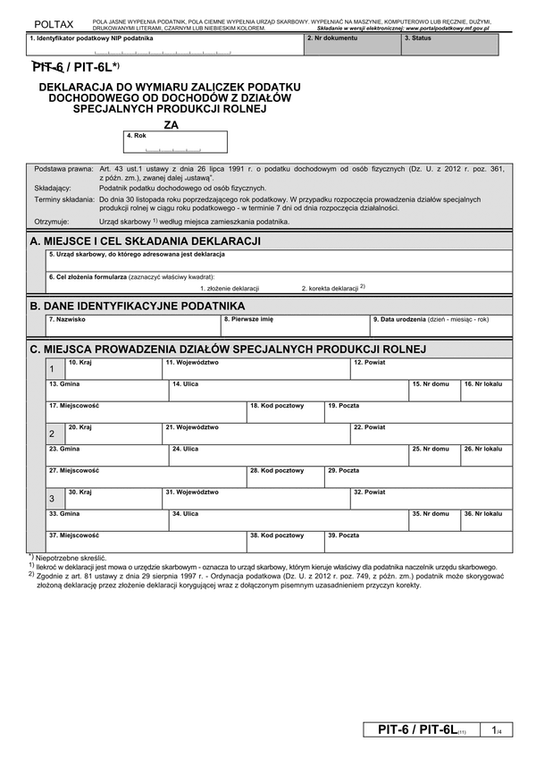 PIT-6L (11) (2014) (archiwalny) Deklaracja do wymiaru zaliczek podatku dochodowego od dochodów z działów specjalnych produkcji rolnej 