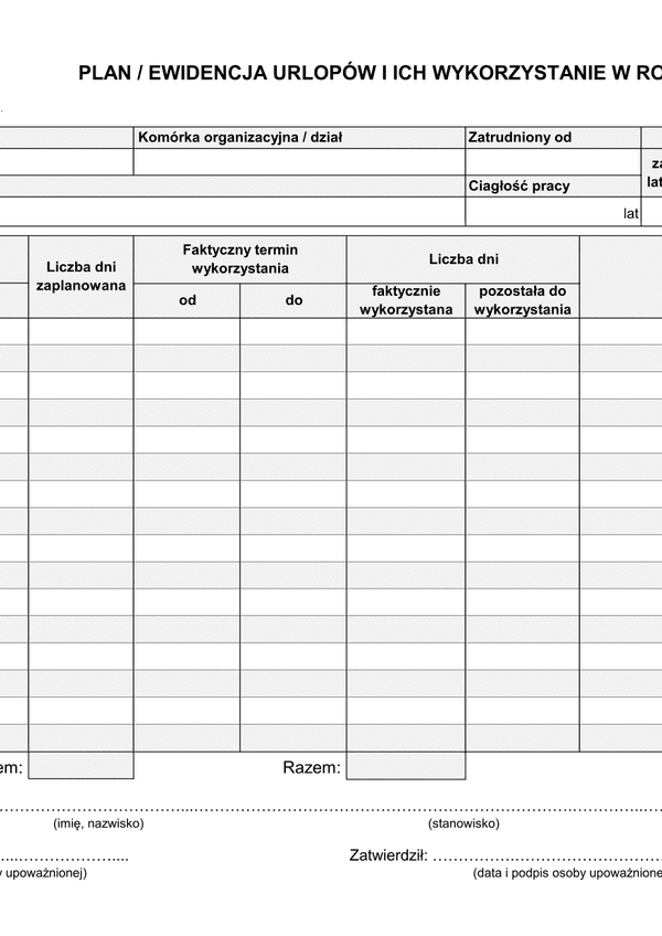 PEU Plan / ewidencja urlopów i ich wykorzystanie w roku (z możliwością edycji liczby dni)