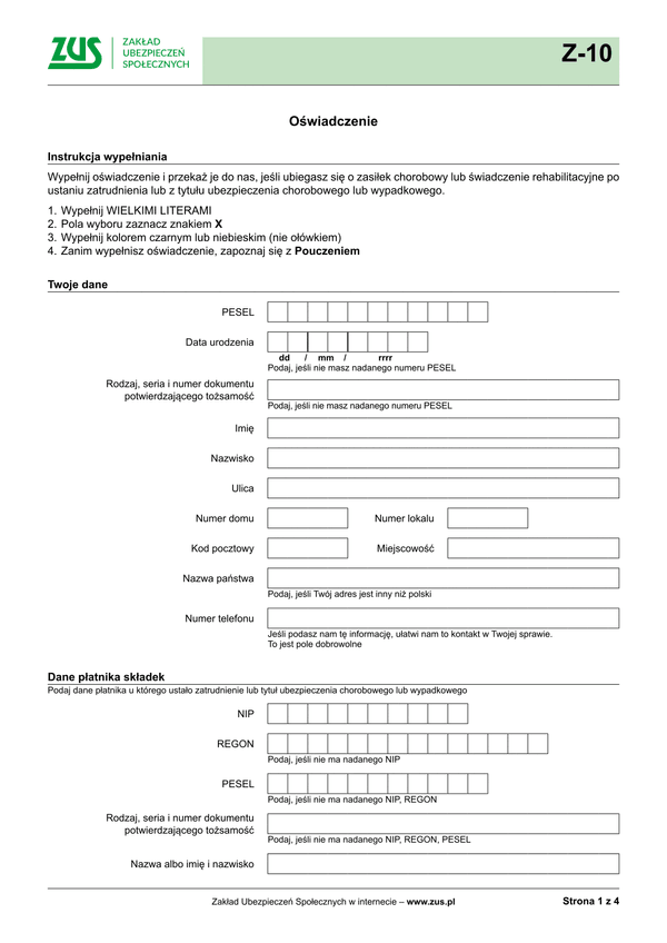 ZUS Z-10 Oświadczenie - wersja papierowa