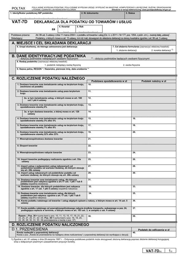 VAT-7D (6) (archiwalny) Deklaracja dla podatku od towarów i usług