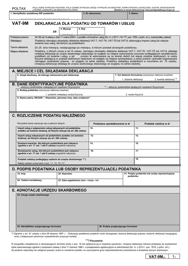 VAT-9M (4) (archiwalny) Deklaracja dla podatku od towarów i usług 
