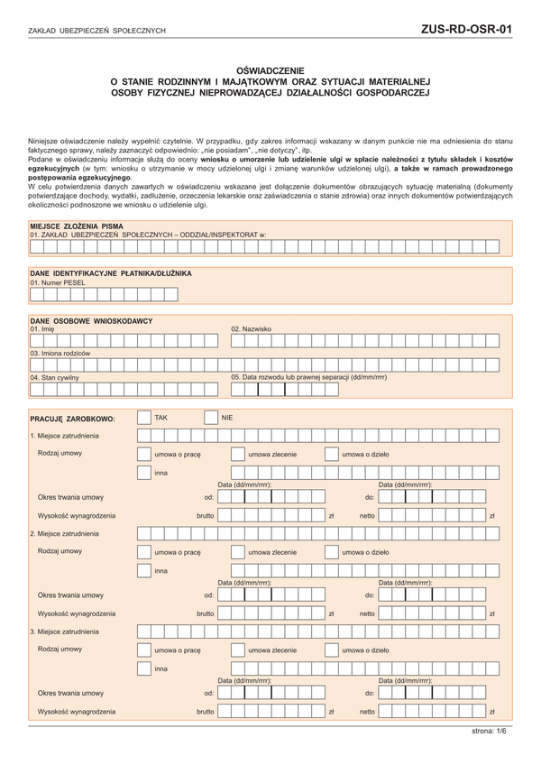 ZUS-RD-OSR-01 (archiwalny) Oświadczenie o stanie rodzinnym i majątkowym oraz sytuacji materialnej osoby fizycznej nieprowadzącej działalności gospodarczej