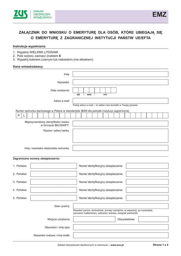 ZUS EMZ Załącznik do wniosku o emeryturę dla osób, które ubiegają się o emeryturę z zagranicznej instytucji państw UE/EFTA
