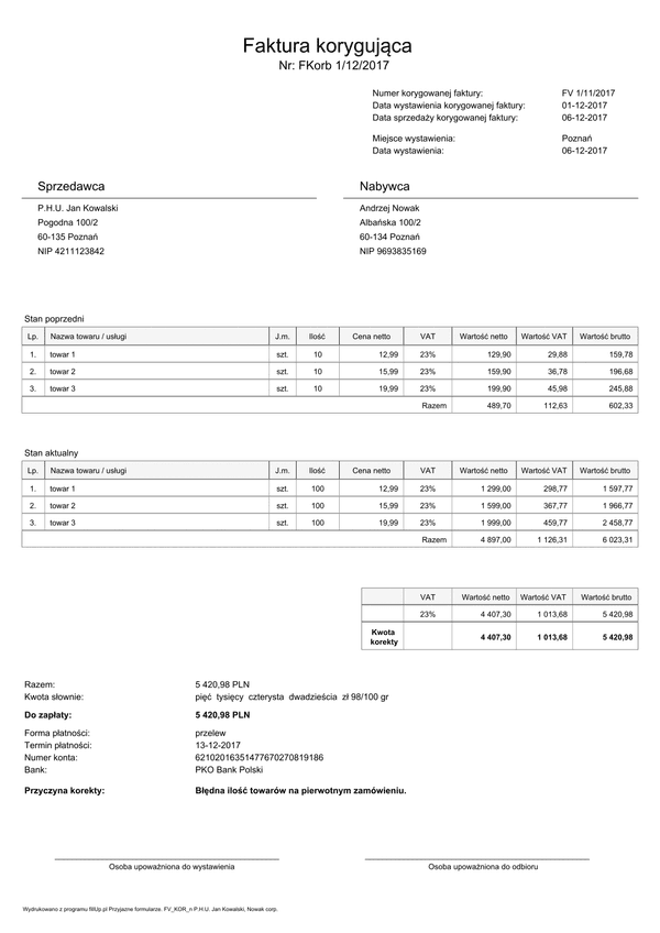 FVKOR(b) Faktura korygująca VAT brutto  