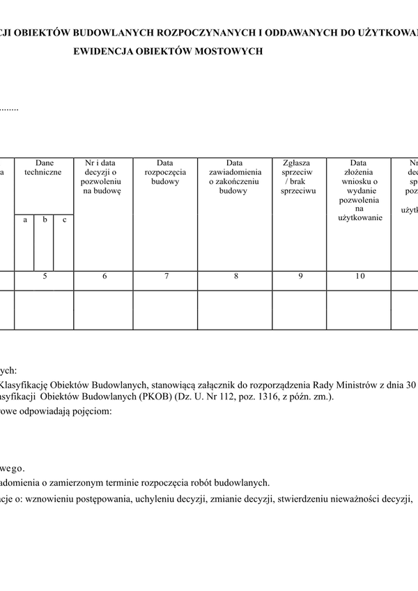 EOBR-M Wzór ewidencji obiektów budowlanych rozpoczynanych i oddawanych do użytkowania, ewidencja obiektów mostowych