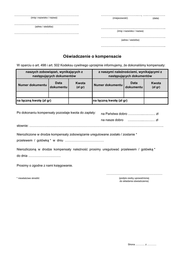 Ookz Oświadczenie o kompensacie zobowiązań