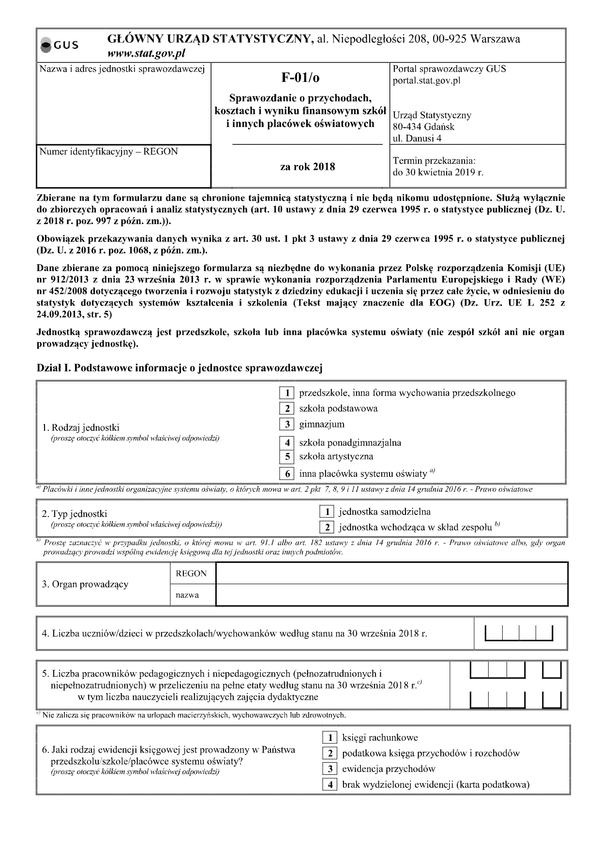 GUS F-01/o (archiwalny) (2018) Sprawozdanie o przychodach, kosztach i wyniku finansowym szkół i innych placówek oświatowych za rok 2018