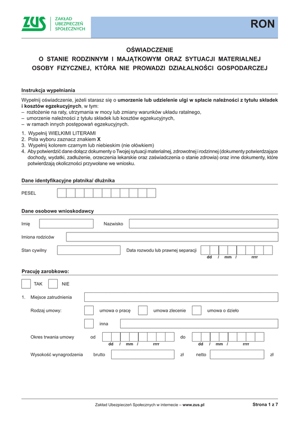 ZUS RON Oświadczenie o stanie rodzinnym i majątkowym oraz sytuacji materialnej osoby fizycznej, która nie prowadzi działalności gospodarczej