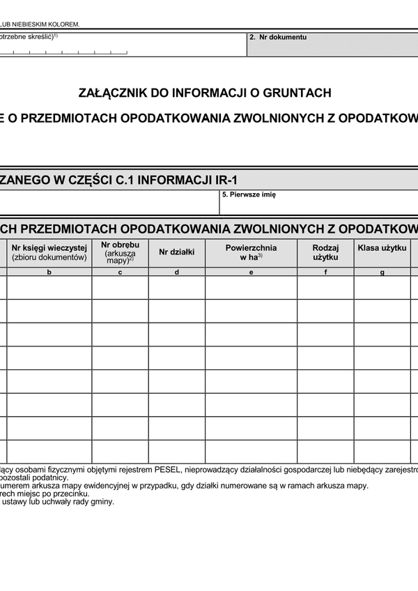 ZIR-2 (1) Załącznik do informacji o gruntach - dane o przedmiotach opodatkowania zwolnionych z opodatkowania