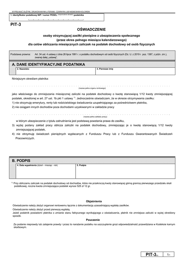 PIT-3 (6) (archiwalny) (2020-2021) Oświadczenie osoby otrzymującej zasiłki pieniężne z ubezpieczenia społecznego (przez okres pełnego miesiąca kalendarzowego) dla celów obliczania miesięcznych zaliczek na podatek dochodowy
