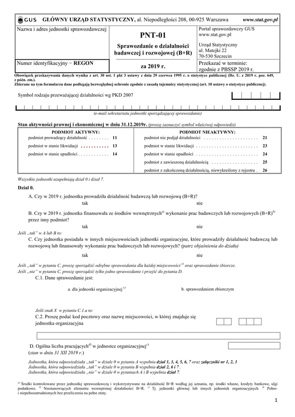 GUS PNT-01 (archiwalny) (2019) Sprawozdanie o działalności badawczej i rozwojowej za 2019 r.