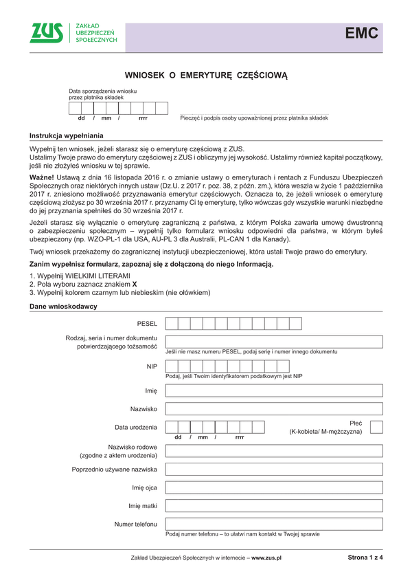 ZUS EMC (archiwalny) Wniosek o emeryturę częściową