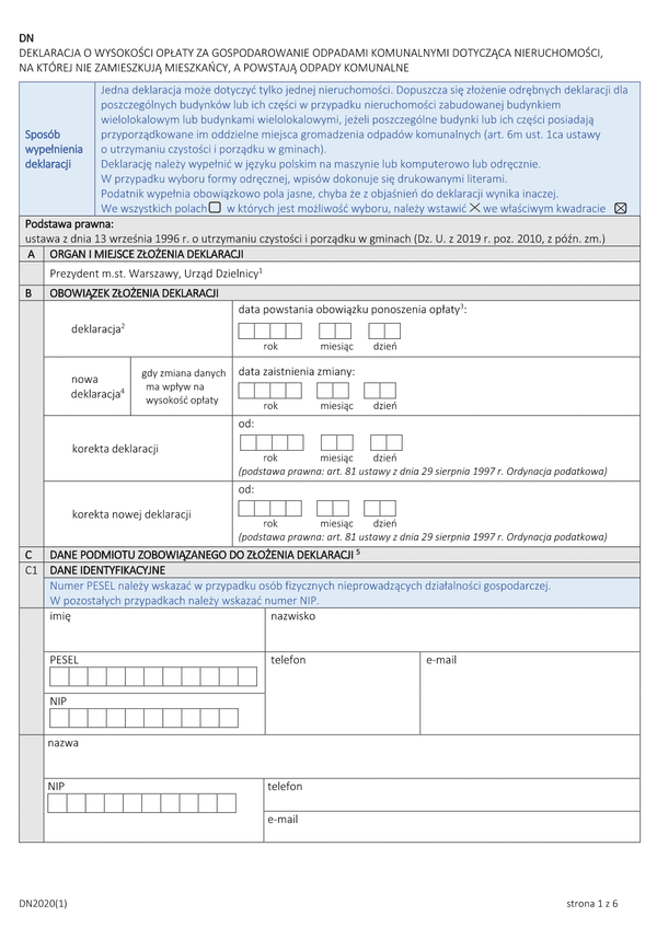 D-N (archiwalny) Deklaracja o wysokości opłaty za gospodarowanie odpadami komunalnymi dla nieruchomości, na której nie zamieszkują mieszkańcy, a powstają odpady komunalne (Warszawa)