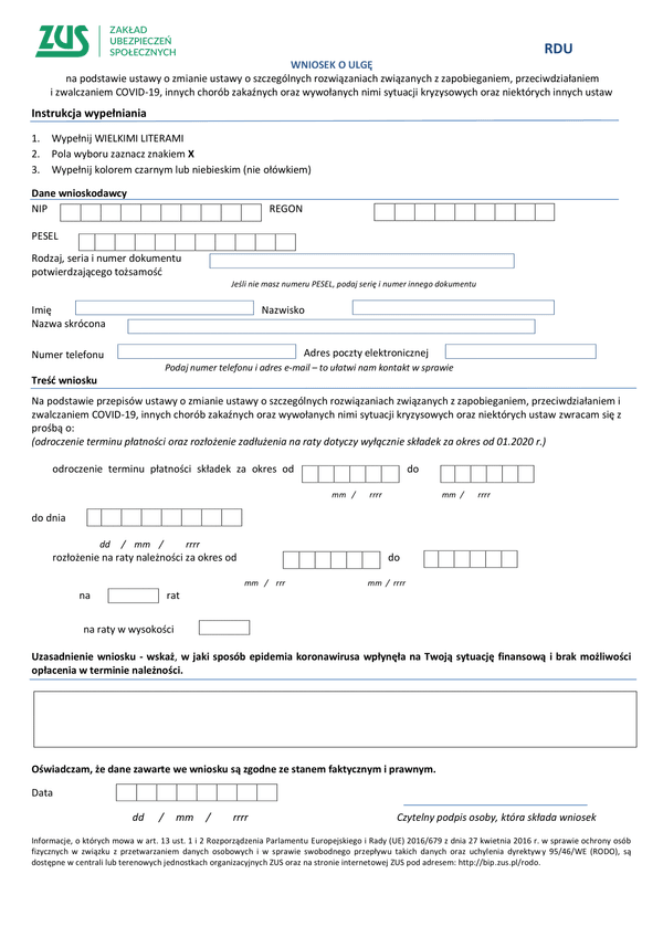 ZUS RDU (archiwalny) Wniosek o ulgę  na podstawie ustawy o zmianie ustawy o szczególnych rozwiązaniach związanych z zapobieganiem, przeciwdziałaniem  i zwalczaniem COVID-19, innych chorób zakaźnych oraz wywołanych nimi sytuacji kryzysowych oraz niektórych