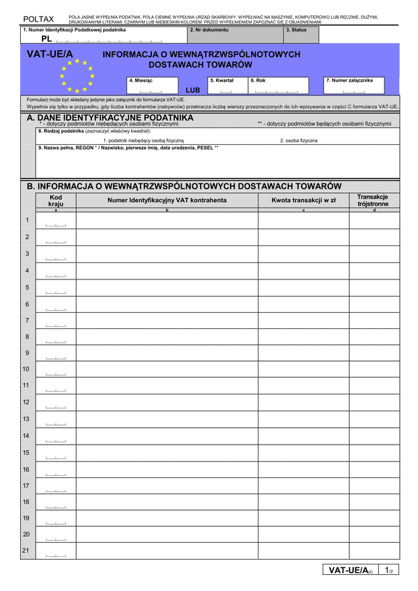VAT-UE/A (2) (archiwalny) Informacja o wewnątrzwspólnotowych dostawach towarów