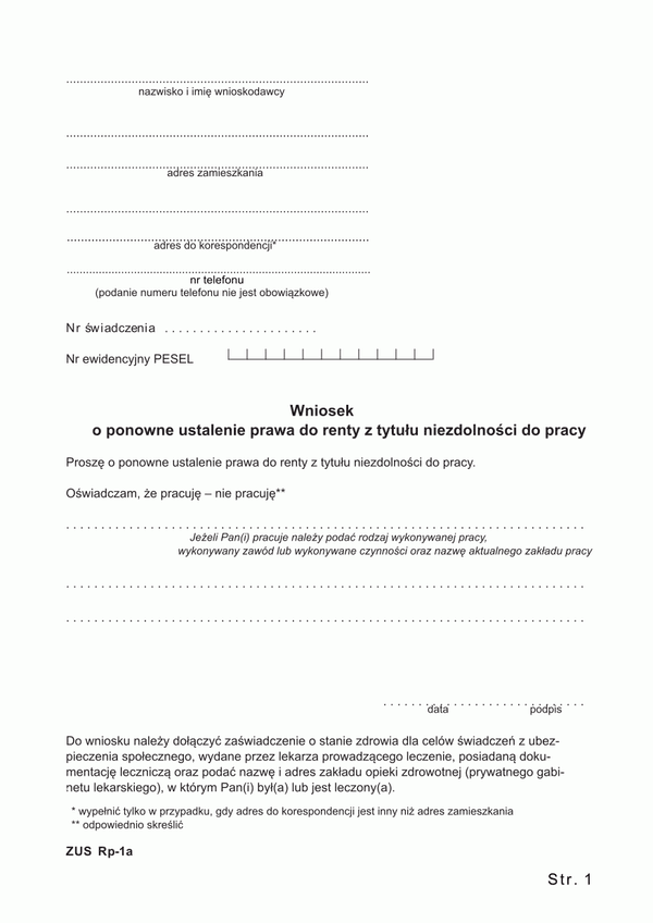 ZUS-RP-1A (archiwalny) Wniosek o ponowne ustalenie prawa do renty z tytułu niezdolności do pracy