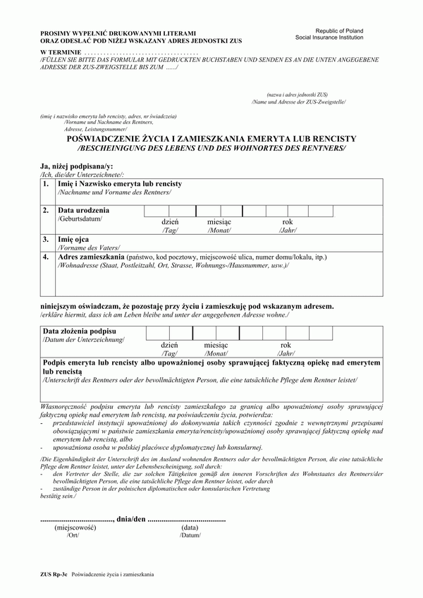 ZUS RP-3C (archiwalny) Poświadczenie życia i zamieszkania emeryta lub rencisty (w wersji polsko-niemieckiej)