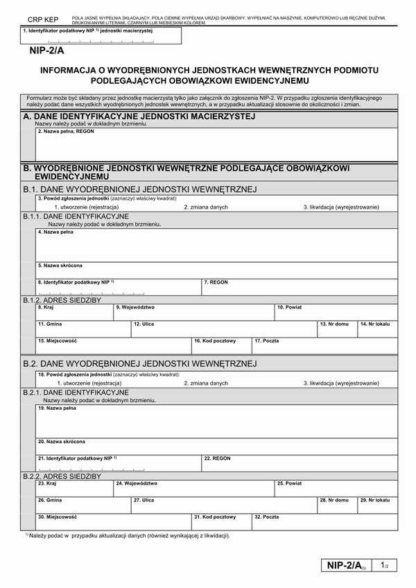 NIP-2/A (5) (archiwalny) Informacja o wyodrębnionych jednostkach wewnętrznych podmiotu podlegających obowiązkowi ewidencyjnemu