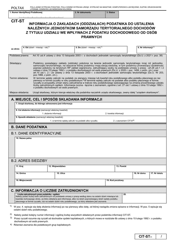 CIT-ST (8) Informacja podatnika do ustalenia należnych jednostkom samorządu terytorialnego dochodów z tytułu udziału we wpływach z podatku dochodowego od osób prawnych 