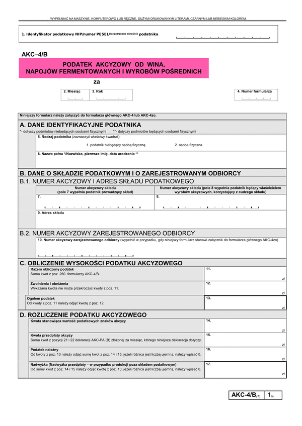 AKC-4/B (7) (archiwalny) Podatek akcyzowy od wina, napojów fermentowanych i wyrobów pośrednich 