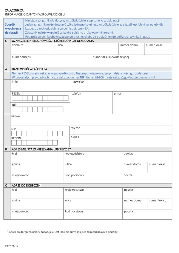ZA mz Załącznik do deklaracji DM i DZ - Informacje o danych współwłaścicieli