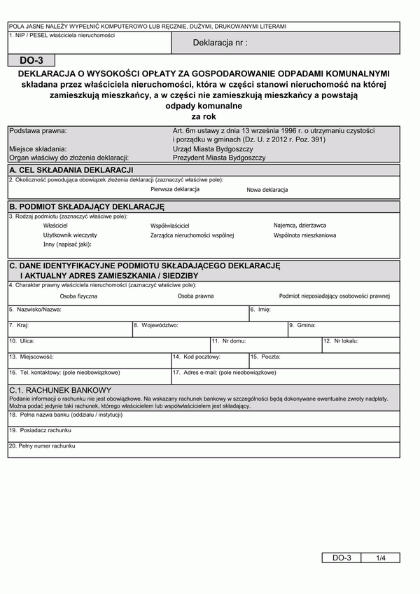 DO-3 B (1) (archiwalny) Deklaracja o wysokości opłaty za gospodarowanie odpadami komunalnymi składana przez właściciela nieruchomości, która w części stanowi nieruchomość zamieszkałą, a w części nieruchomość niezamieszkałą - Bydgoszcz