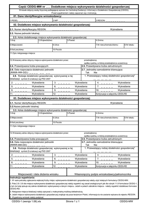 CEIDG-MW (1.06) (archiwalny) Dodatkowe miejsca wykonywania działalności gospodarczej