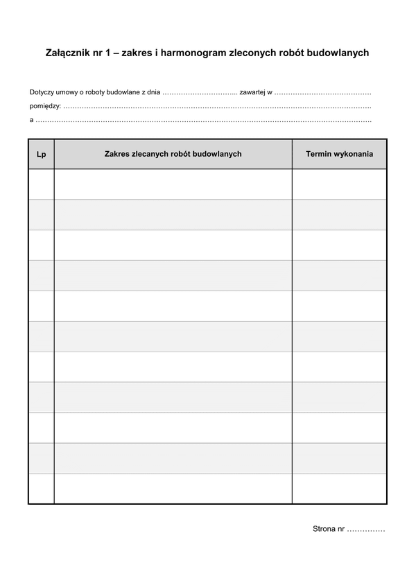 UoRB-zal1 Zakres i harmonogram zleconych robót budowlanych - załącznik nr 1 do umowy o roboty budowlane