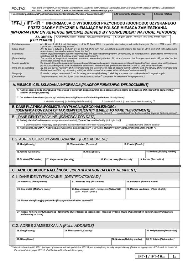 IFT-1R (10) (od 2013) (archiwalny) Informacja o wysokości przychodu (dochodu) uzyskanego przez osoby fizyczne niemające w Polsce miejsca zamieszkania