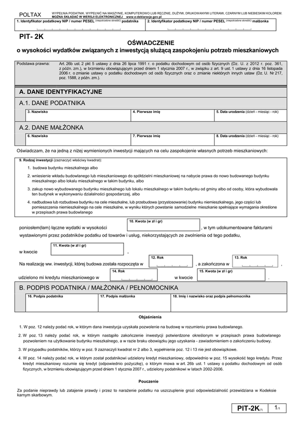 PIT-2K (7) (2013) (archiwalny) Oświadczenie o wysokości wydatków związanych z inwestycją służącą zaspokojeniu potrzeb mieszkaniowych 