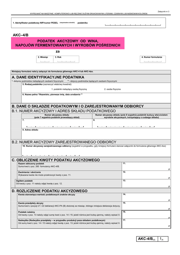 AKC-4/B (4) (archiwalny) (od 2013) Podatek akcyzowy od wina, napojów fermentowanych i wyrobów pośrednich 