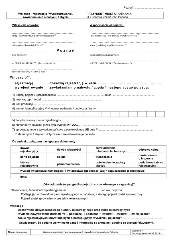 WoRWZP-Po (archiwalny) Wniosek o rejestrację, czasową rejestrację, wyrejestrowanie i zawiadomienie o pojeździe Poznań