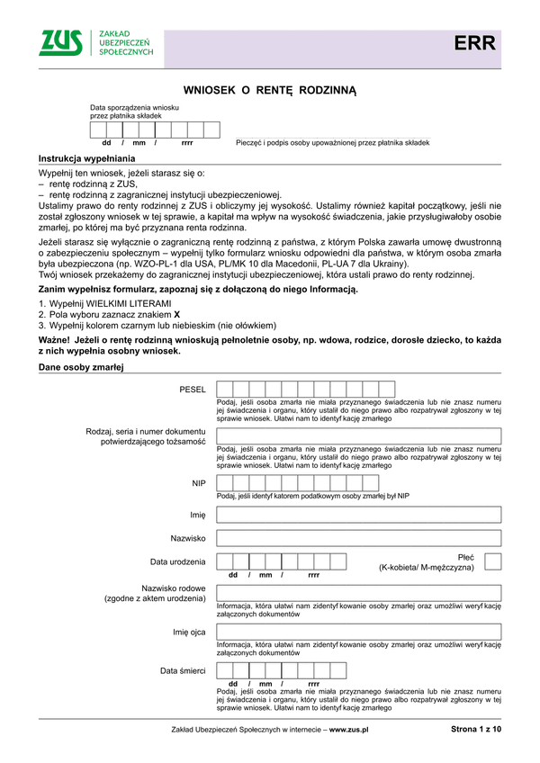 ZUS ERR Wniosek o rentę rodzinną