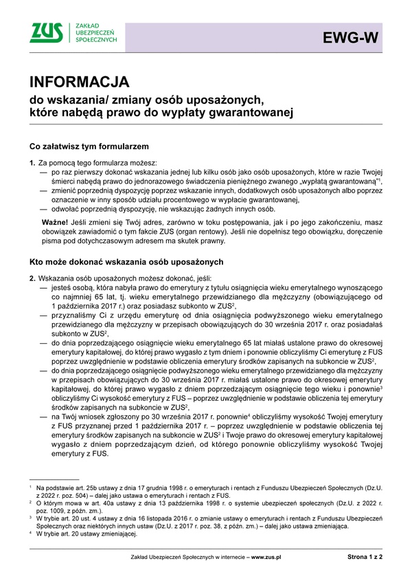 ZUS EWG-W Inf (archiwalny) Informacja do wskazania / zmiany osób uposażonych, które nabędą prawo do wypłaty gwarantowanej