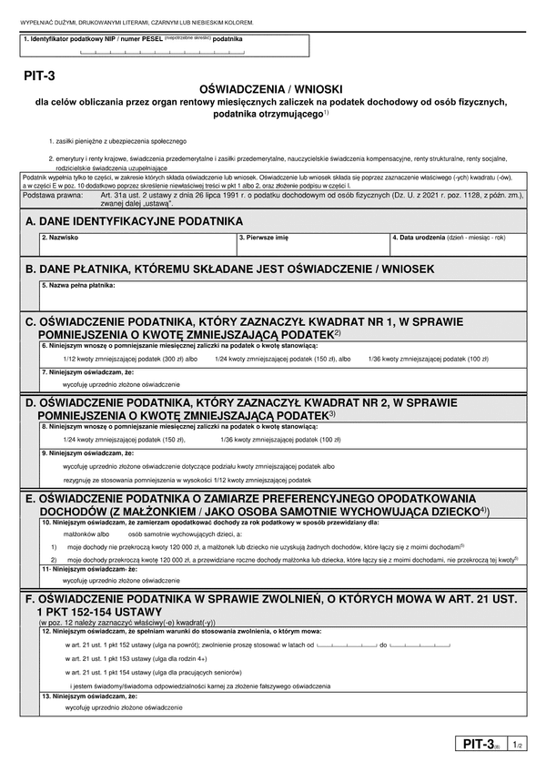 PIT-3 (8) (2023-2024) Oświadczenie osoby otrzymującej zasiłki pieniężne z ubezpieczenia społecznego (przez okres pełnego miesiąca kalendarzowego) dla celów obliczania miesięcznych zaliczek na podatek dochodowy