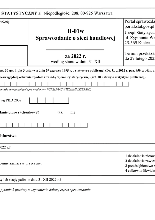 GUS H-01w (2022) (archiwalny) Sprawozdanie o sieci handlowej według stanu w dniu 31 XII 2022 r.