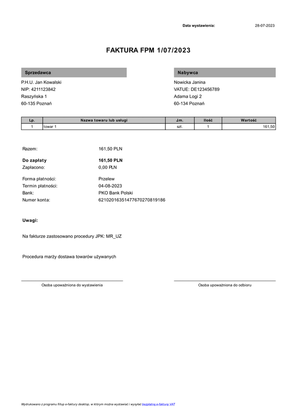 FPM Faktura procedura marży (zgodna z KSeF)